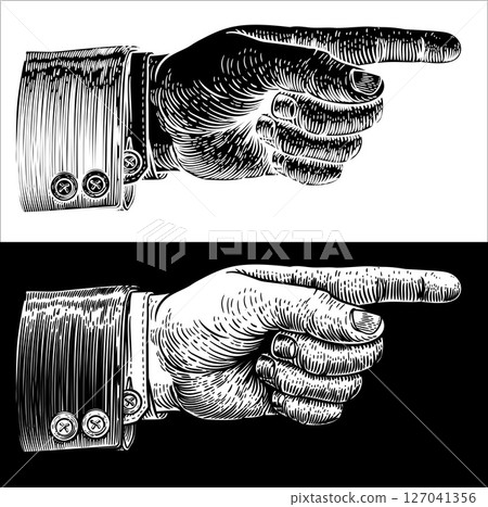 Hand Pointing Finger Etched Vintage Woodcut Style 127041356