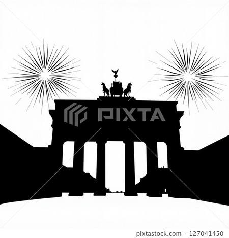 Brandenburg Gate silhouette with fireworks, German Unity Day celebration 127041450