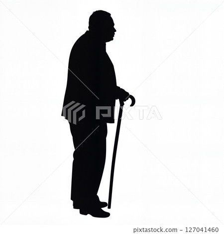 Silhouette of a person holding a cane, black and white, symbolism 127041460