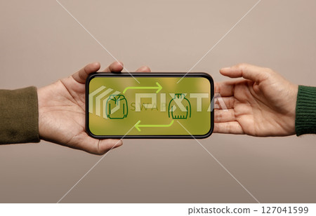 Sustainable fashion through sharing, emphasizing eco-conscious lifestyle habits .Clothing exchange Swap app empowering circular economy Sustainable fashion through sharing, emphasizing eco-conscious lifestyle habits .Clothing exchange Swap app empowering circular economy 127041599