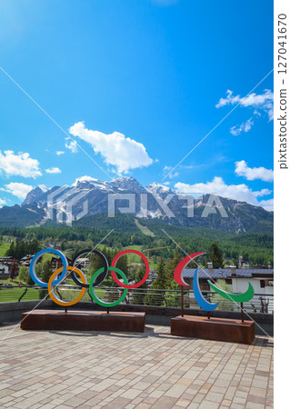 Cortina d'Ampezzo 2026 Olympic Rings with Scenic Dolomites View in Cortina d'Ampezzo, Italy. May 14, 2025 127041670