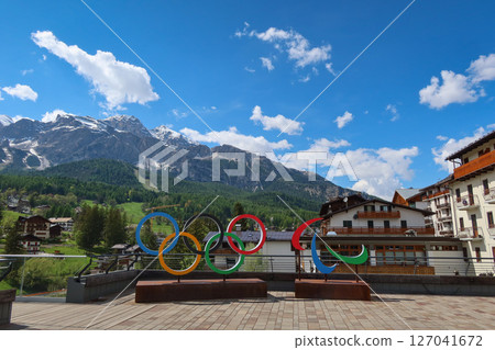 Cortina d'Ampezzo 2026 Olympic Rings with Scenic Dolomites View in Cortina d'Ampezzo, Italy. May 14, 2025 127041672