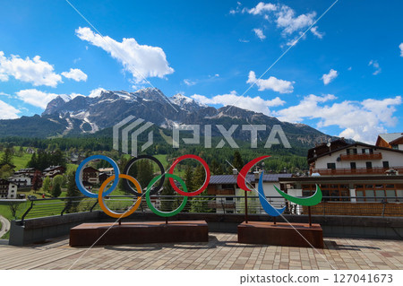 Cortina d'Ampezzo 2026 Olympic Rings with Scenic Dolomites View in Cortina d'Ampezzo, Italy. May 14, 2025 127041673