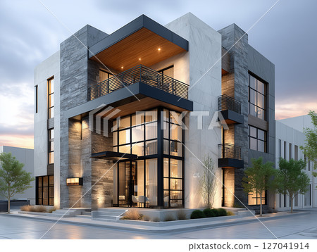 Modern and luxurious exterior of a newly built urban home 127041914