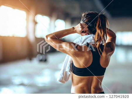 Woman training in the gym, sweating, beautiful muscles 127041920