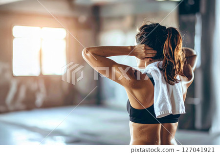 Woman training in the gym, sweating, beautiful muscles 127041921