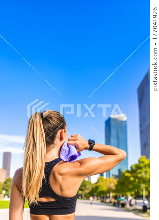 在城市裡鍛鍊的女人,美麗的肌肉 在城市裡鍛鍊的女人,美麗的肌肉 127041926