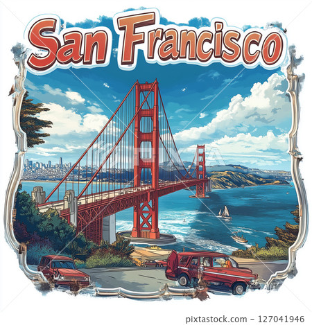 Explore San Francisco through a charming cartoon of the Golden Gate 127041946