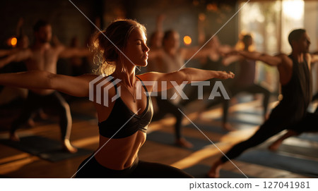 Gentle yoga session in a tranquil studio with soft lighting and calm energy 127041981