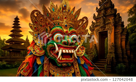 以寺廟為背景的峇裡島舞蹈面具 127042048