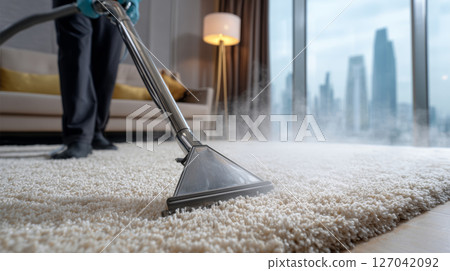 Carpet cleaner removes dirt and stains from plush carpets 127042092