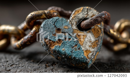 Weathered metal heart connected to vintage rusty chain in close-up detail 127042093