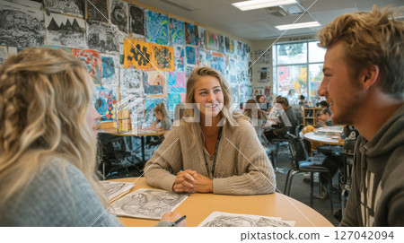 Engaging conversation between teachers and students in an art classroom setting Engaging conversation between teachers and students in an art classroom setting 127042094