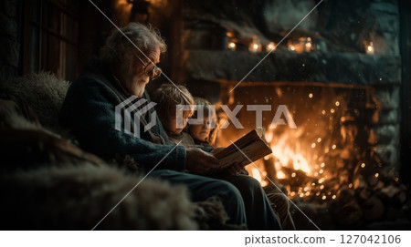 Grandfather shares stories by the warm fireplace with young listeners 127042106