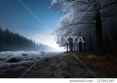 Winter landscape with frosted trees and misty background at dusk in a serene forest setting 127042165