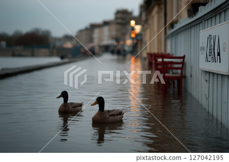Ducks swim in flooded streets by a riverside cafe during early evening 127042195