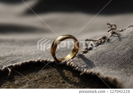 Golden ring resting on textured fabric, capturing light beautifully in natural setting 127042228