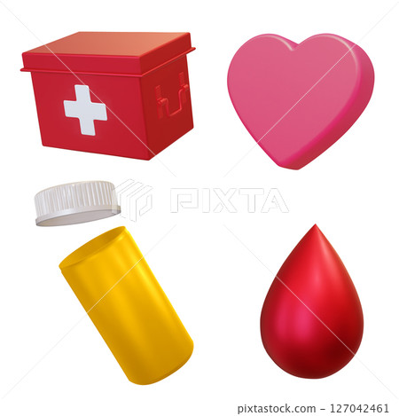 3d Realistic drops of blood, first aid kit box, heart, plastic blank medical container isolated on white background. Vector. Advertising for hospital or pharmaceutical company. Sign for pharmacy. 3d Realistic drops of blood, first aid kit box, heart, plastic blank medical container isolated on white background. Vector. Advertising for hospital or pharmaceutical company. Sign for pharmacy. 127042461