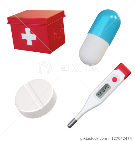 3d Realistic drops of blood, first aid kit box, electronic medical thermometer for measuring isolated on white background. Vector. Advertising for hospital or pharmaceutical company. Sign for pharmacy 127042474