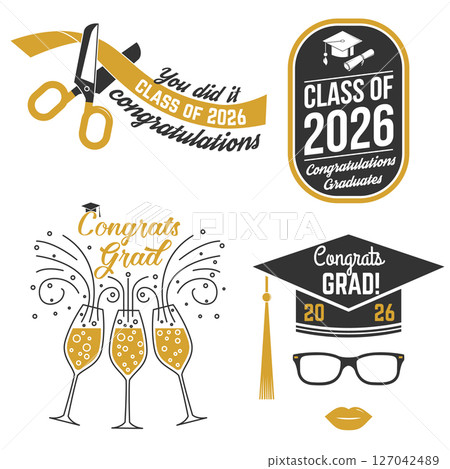 Set of Vector Class of 2026 badges. Vector illustration. Concept for shirt, print, seal, overlay or stamp, greeting, invitation card. Typography design. For class of 2026 graduation. 127042489