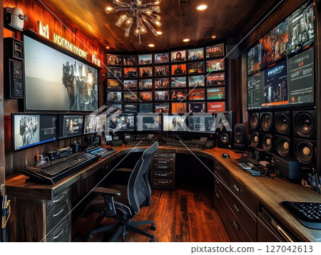 Modern home office with multiple monitors, corner setup, and media wall 127042613