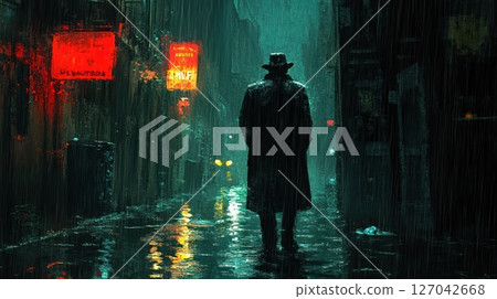 Rainy Night, Man Walking Alleyway, Neon Signs, Cityscape Rainy Night, Man Walking Alleyway, Neon Signs, Cityscape 127042668
