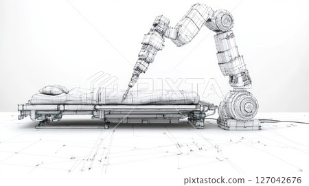 Robotic surgery sketch, hospital bed, surgical arm, blueprint background 127042676