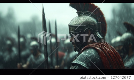 Roman Legion in Rain, Battle Formation, Soldiers, Misty Woods 127042677