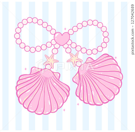 Cute Coquette pink pearl bow seashell pastel hand drawn doodle Summer y2k retro aesthetic Cute Coquette pink pearl bow seashell pastel hand drawn doodle Summer y2k retro aesthetic 127042689