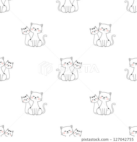 Cute smiling cats, mother and kitten, simple doodle seamless pattern for decoration or textile print 127042755