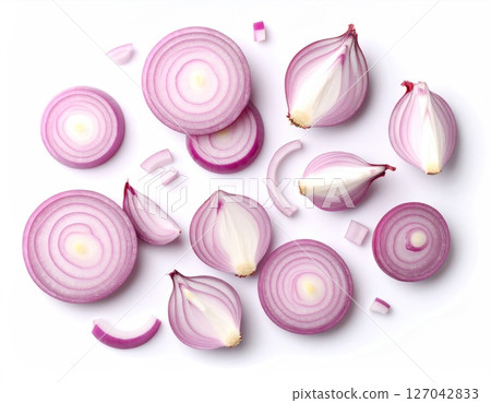 Various Fresh Red Onion Slices on a White Background 127042833