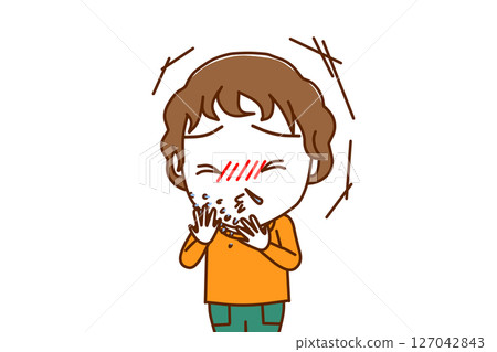 (上身正面圖)一名白人男孩感冒了,劇烈打噴嚏,流鼻涕 (上身正面圖)一名白人男孩感冒了,劇烈打噴嚏,流鼻涕 127042843