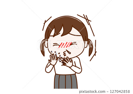 (Front upper body) A female student who has caught a cold and is sneezing violently and has a runny nose (Front upper body) A female student who has caught a cold and is sneezing violently and has a runny nose 127042858