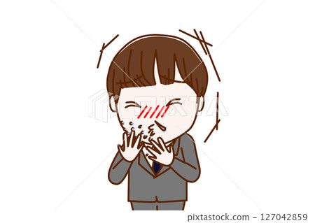 (Front upper body) A male student who has caught a cold and is sneezing violently and has a runny nose (Front upper body) A male student who has caught a cold and is sneezing violently and has a runny nose 127042859