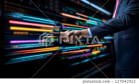 Business partnership handshake digital data stream background 127042922