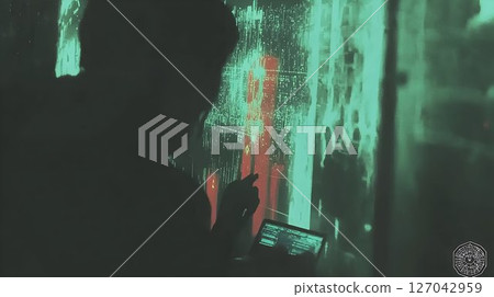 Person interacting with futuristic digital interface teal and red hues Person interacting with futuristic digital interface teal and red hues 127042959