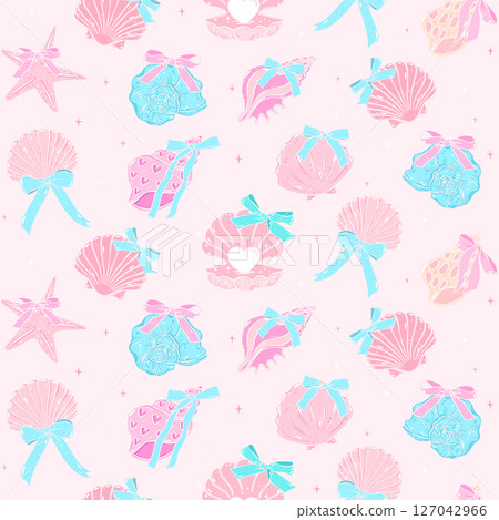 Retro coquette Summer seamless pattern seashells with bow in pastel beach vibe for cute girly fabric and digital surface design Retro coquette Summer seamless pattern seashells with bow in pastel beach vibe for cute girly fabric and digital surface design 127042966
