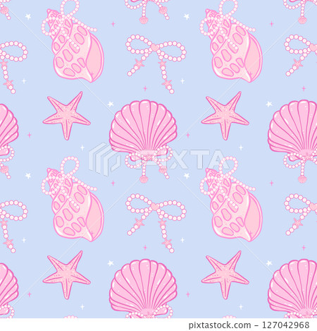 Retro coquette Summer seamless pattern seashells with Pearl bow in Pink Coastal beach vibe for cute girly fabric and wallpaper design Retro coquette Summer seamless pattern seashells with Pearl bow in Pink Coastal beach vibe for cute girly fabric and wallpaper design 127042968