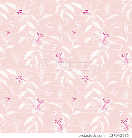 Hand drawn outline lily floral with butterfly seamless pattern on monotone pink color 127042985