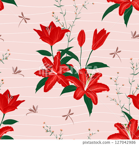 Hand drawn beautiful lily seamless pattern on red tone,design for fashion,fabric,textile,wallpaper and all print 127042986