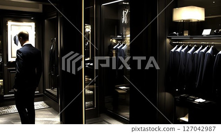 Elegant man shopping for suit in upscale store interior 127042987