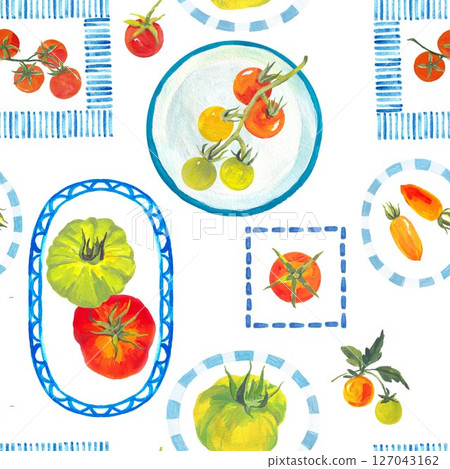Mediterranean summer seamless pattern featuring cute Italian cuisine elements, farm tomatoes, and traditional ceramic plates. Perfect for textile design, wallpaper, packaging, and kitchen-themed Mediterranean summer seamless pattern featuring cute Italian cuisine elements, farm tomatoes, and traditional ceramic plates. Perfect for textile design, wallpaper, packaging, and kitchen-themed 127043162