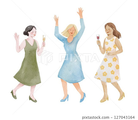 Watercolor hand drawn illustration of women dancing and celebrating at a party with drinks. Perfect for party, holiday, or festive themes. Watercolor hand drawn illustration of women dancing and celebrating at a party with drinks. Perfect for party, holiday, or festive themes. 127043164