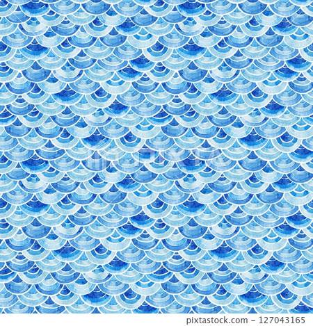 Abstract wallpaper with scales. Blue half-circular pattern. Watercolor hand drawn Background and wallpaper red design style. 127043165