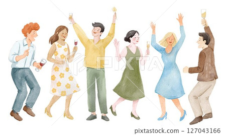 Watercolor hand drawn illustration of happy people dancing and celebrating with drinks. Perfect for party, holiday, or festive themes. 127043166