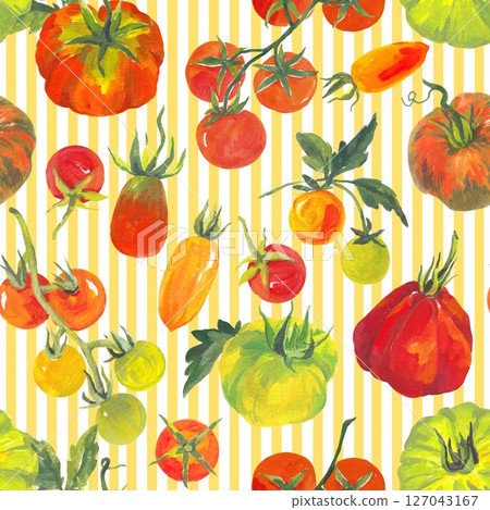 Trendy seamless Summer Tropical Bliss Vacation Seamless pattern with tomatoes and striped background. Acrylic style , Design for fashion , fabric, textile, and all prints 127043167