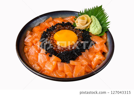 Salmon Sashimi Donburi with Ikura, Caviar, and Raw Egg Yolk 127043315