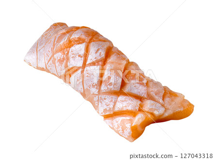 Fresh Salmon Belly Sashimi with Decorative Scoring on White Background 127043318