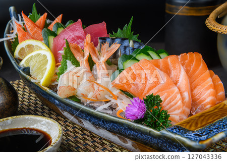 Premium Assorted Sashimi Platter with Shrimp, Tuna, Salmon, and Crab Sticks 127043336