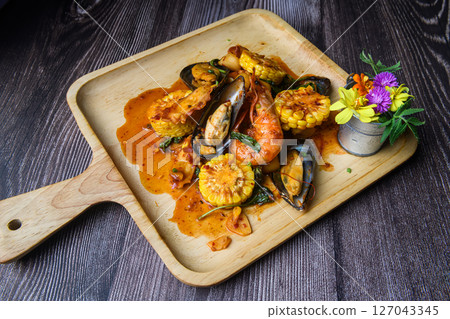 Top View of Spicy Stir-Fried Seafood with Garnish Top View of Spicy Stir-Fried Seafood with Garnish 127043345